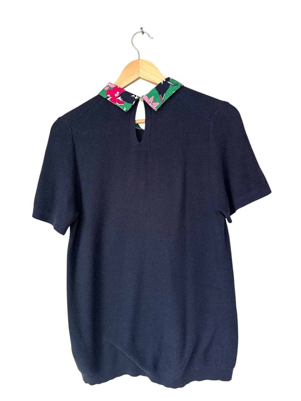 J. Crew Navy Tropical Floral Collar Sweater, Size Medium